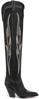 Zwarte kalfsleren over de knie laarzen met off-white borduurwerk Sonora , Black , Dames - 37 Eu,41 Eu,40 Eu,39 Eu,36 Eu,38 EU