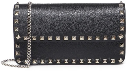 Zwarte kalfsleren portemonnee met iconische studs Valentino Garavani , Black , Dames - ONE Size