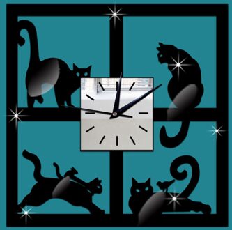 Zwarte Kat 3D Kristallen Spiegel Wandklok Quartz Klok Woonkamer Decoratieve Wandklok Muursticker Home Decor 28X28Cm