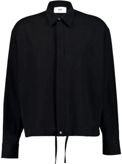 Zwarte Katoenen Overhemd Popeline Kraag Ami Paris , Black , Heren - S