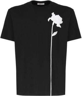 Zwarte katoenen T-shirt met bloemenborduursel Valentino Garavani , Black , Heren - XL
