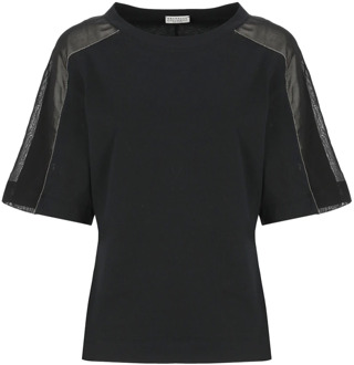 Zwarte katoenen T-shirt met messing details Brunello Cucinelli , Black , Dames - XS