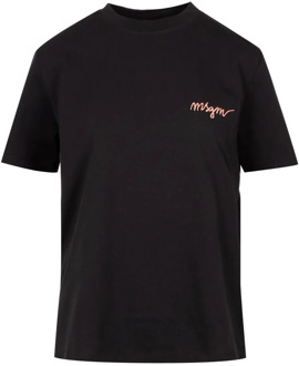 Zwarte katoenen T-shirts en Polos met geborduurd logo Msgm , Black , Dames - Xl,L,M,S,Xs