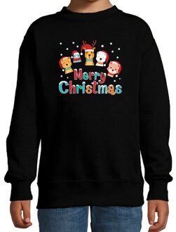 Zwarte kersttrui / kerstkleding dierenvriendjes Merry christmas voor kinderen 7-8 jaar (122/128) - kerst truien kind