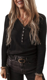 Zwarte Knopjes V-hals Lange Mouwen Geribbeld Top