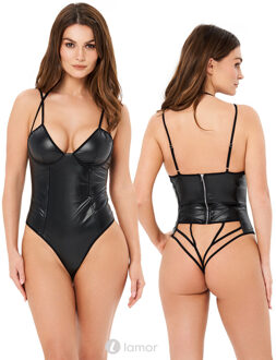 Zwarte lederlook body, Blackelia - Maat: S/M