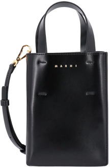 Zwarte Leren Handtas met Verstelbare Schouderband Marni , Black , Dames - ONE Size