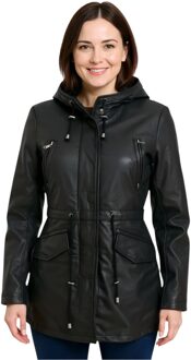 Zwarte leren parka met capuchon voor dames - Cairns