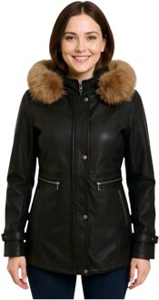 Zwarte leren parka met capuchon voor dames - Charleville - EU 42 / UK 14
