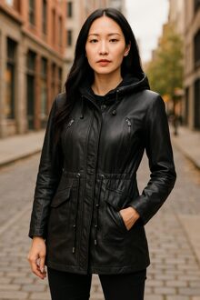 Zwarte leren parka met capuchon voor dames - Clare - EU 48 / UK 20