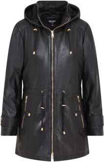 Zwarte leren parka voor dames met afneembare borg capuchon en trenchcoat - Emilia - EU 44 / UK 16