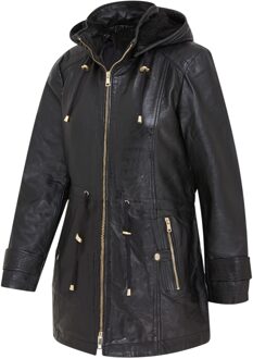 Zwarte leren parka voor dames met afneembare borg capuchon en trenchcoat - Trekker - EU 46 / UK 18