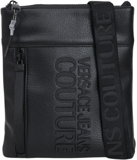 Zwarte leren schoudertas met verhoogd logo Versace Jeans Couture , Black , Heren - ONE Size