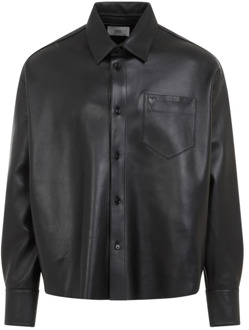 Zwarte Leren Shirt Boxy Fit Ami Paris , Black , Heren - M