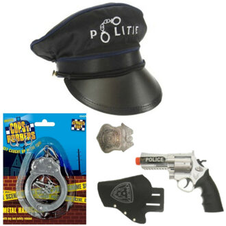 Zwarte politie verkleed pet met pistool/holster/badge/handboeien voor kinderen
