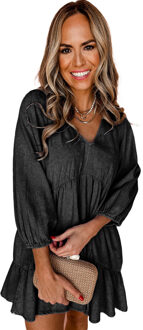 Zwarte Puff Mouw V-Hals Gelaagde Rimpel Chambray Mini Jurk - maat Donkergrijs