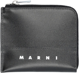 Zwarte ritssluiting portemonnee met logo print Marni , Black , Heren - ONE Size