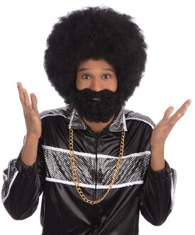 Zwarte ronde afro pruik met baard