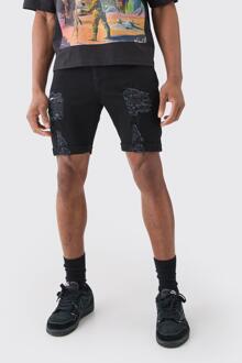 Zwarte Skinny Fit Stretch Versleten Denim Shorts, True Black - 28