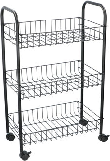 Zwarte stevige opberg trolley/roltafel met 3 manden 60 cm - Etagewagentje/karretje met opbergkratten