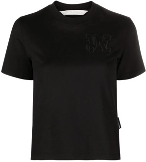 Zwarte T-shirts en Polos met Geborduurd Logo Palm Angels , Black , Dames - L,M,S,Xs
