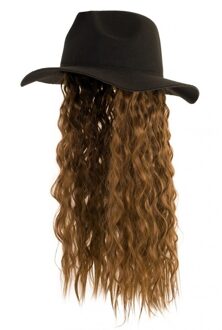 Zwarte verkleed hoed met pruik lang bruin haar - Carnaval verkleed hoed met haarstukje