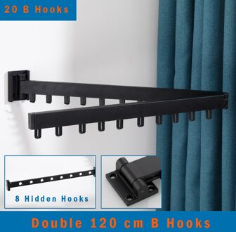 Zwarte Vouwen Droogrek Wandmontage Telescopische Kledingrek Indoor En Outdoor Eenvoudige Kleerhanger Haak Waslijn dubbele 120 B 20 hook