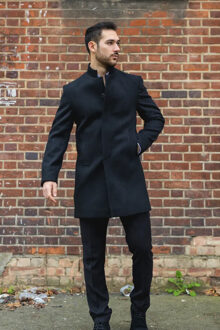 Zwarte wolmix overjas met opstaande kraag voor heren