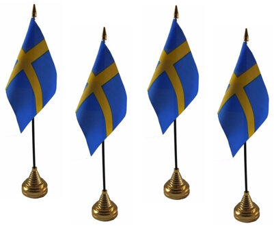 Zweden tafelvlaggetjes - 4x stuks - 10 x 15 cm - met gouden standaard - H27 cm - versiering