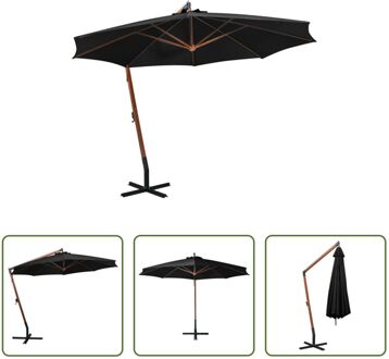 Zweefparasol Hout - 350 cm - Zwart - UV-bestendig polyester - vurenhouten paal - bamboe baleinen