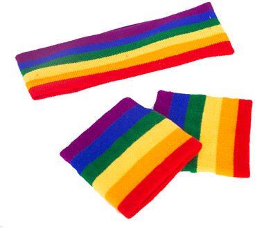 Zweetbandjes set - regenboog kleuren - Foute verkleed accessoires - hoofd en pols Multi