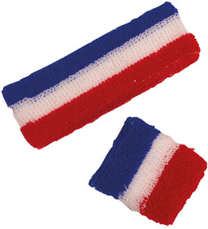Zweetbandjes set - rood/wit/blauw - verkleed accessoires - hoofd en pols - Nederland/Frankrijk