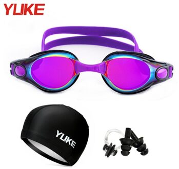 Zwembril Mannen Vrouwen Professionele Siliconen Volwassen Zwembad Bril Verstelbare Swim Eyewear Met Swim Hoed Neus Clip Oordopje 1032 Paars