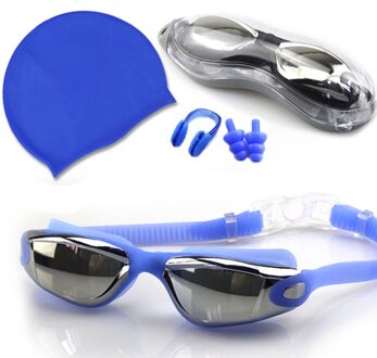 Zwembril Set Siliconen Badmuts Neusklem Oordopjes Goggles 4 Stuks Set Waterdicht Anti-Fog Zwemmen Apparatuur blauw