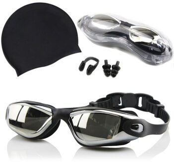 Zwembril Set Siliconen Badmuts Neusklem Oordopjes Goggles 4 Stuks Set Waterdicht Anti-Fog Zwemmen Apparatuur zwart