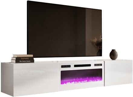 Zwevend Tv-meubel Slide 200 cm breed hoogglans wit met wit sfeerhaard Wit,Hoogglans wit