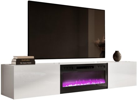 Zwevend Tv-meubel Slide 200 cm breed hoogglans wit met zwart sfeerhaard Wit,Zwart,Hoogglans wit