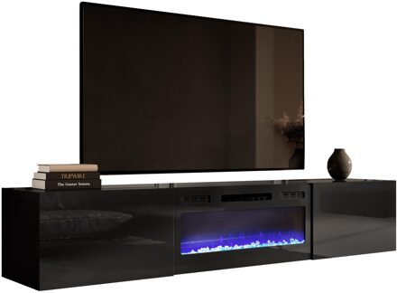 Zwevend Tv-meubel Slide 200 cm breed hoogglans zwart met sfeerhaard Zwart,Hoogglans zwart