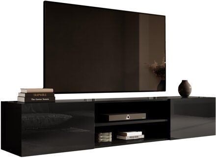 Zwevend Tv-meubel Slide 200 cm breed hoogglans zwart Zwart,Hoogglans zwart