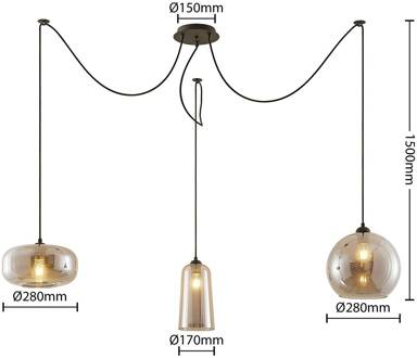Zyli hanglamp, 3-lamps, rookgrijs zwart, rookgrijs