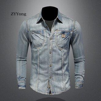 Zyyong Mode Revers Lange Mouwen Heren Denim Shirt Retro Slim Blauw Motorfiets Stijl Mannen Shirt Mannen lange Mouwen Dunne Jas Xl