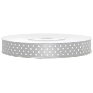 1x Hobby/decoratie zilver satijnen sierlinten met witte stippen 1,2 cm/12 mm x 25 meter - Cadeaulinten satijnlinten/ribbons - Zilveren linten met witte stippen - Hobbymateriaal benodigdheden - Verpakkingsmaterialen - Action products