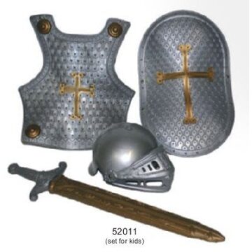 Accessoireset ridder 4-delig brons (helm, borstschild, zwaard, schild)