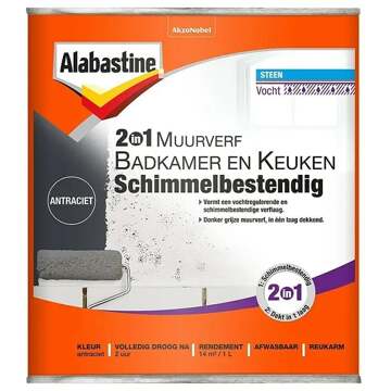 Alabastine muurverf 2in1 badkamer en keuken schimmelbestendig antraciet - 1 liter