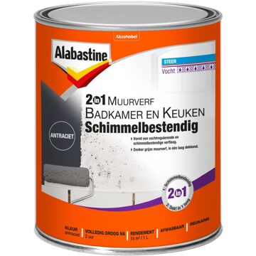 Alabastine muurverf 2in1 badkamer en keuken schimmelbestendig antraciet - 1 liter