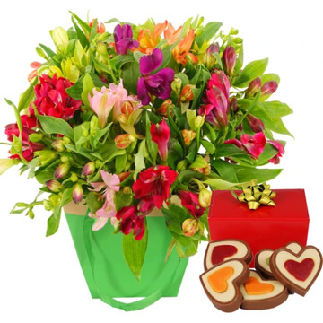 Alstroemeria in gift tas + hartjes chocolade