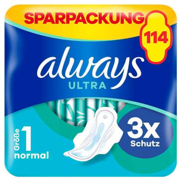 Always Maandverband met vleugels Ultra Normal maandverpakking, 114 maandverbanden (3 verpakkingen x 38 stuks) Kleurrijk