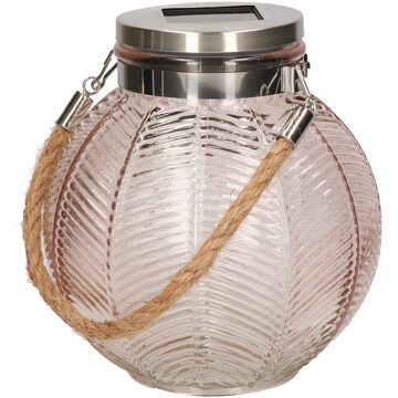 Anna's Collection Roze solar lantaarn van gestreept glas rond 16 cm