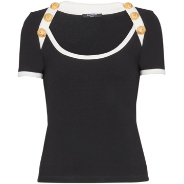 Balmain Twee-tone T-shirt met knoopdetails Balmain , Black , Dames - M,S,Xs