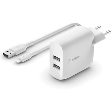 Belkin Dual USB Wall Charger + USB-A naar Lightning kabel - 24W Oplader Wit